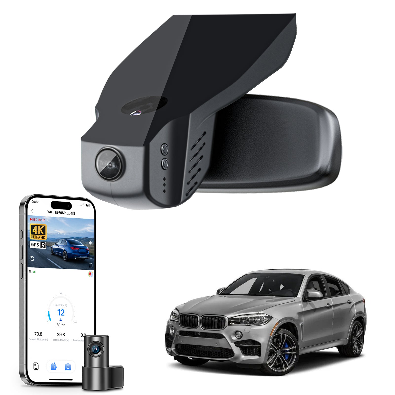 2 channel dash cam with dual STARVIS 2, features smartphone app control, 4K Ultra HD recording, GPS tracking, and BMW X6 Gen2 SUV models in the background.  