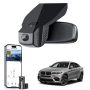 2 channel dash cam with dual STARVIS 2, features smartphone app control, 4K Ultra HD recording, GPS tracking, and BMW X6 Gen2 SUV models in the background.  