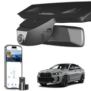 2 channel dash cam with dual STARVIS 2, features smartphone app control, 4K Ultra HD recording, GPS tracking, and BMW X6 Gen3 SUV models in the background.  