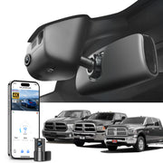 2 channel dash cam with dual STARVIS 2, features smartphone app control, 4K Ultra HD recording, GPS tracking, and Dodge RAM Gen4 Pickup models in the background.  