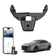 Car dual channel dash camera system, smartphone app control, 4K Ultra HD recording, GPS tracking, and Mazda 3 Sedans models in the background. 