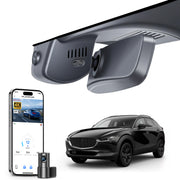 2 channel dash cam with dual STARVIS 2, features smartphone app control, 4K Ultra HD recording, GPS tracking, and Mazda  CX-30 Crossover models in the background. 