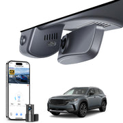 2 channel dash cam with dual STARVIS 2, features smartphone app control, 4K Ultra HD recording, GPS tracking, and Mazda CX-50 Off-road SUV models in the background. 