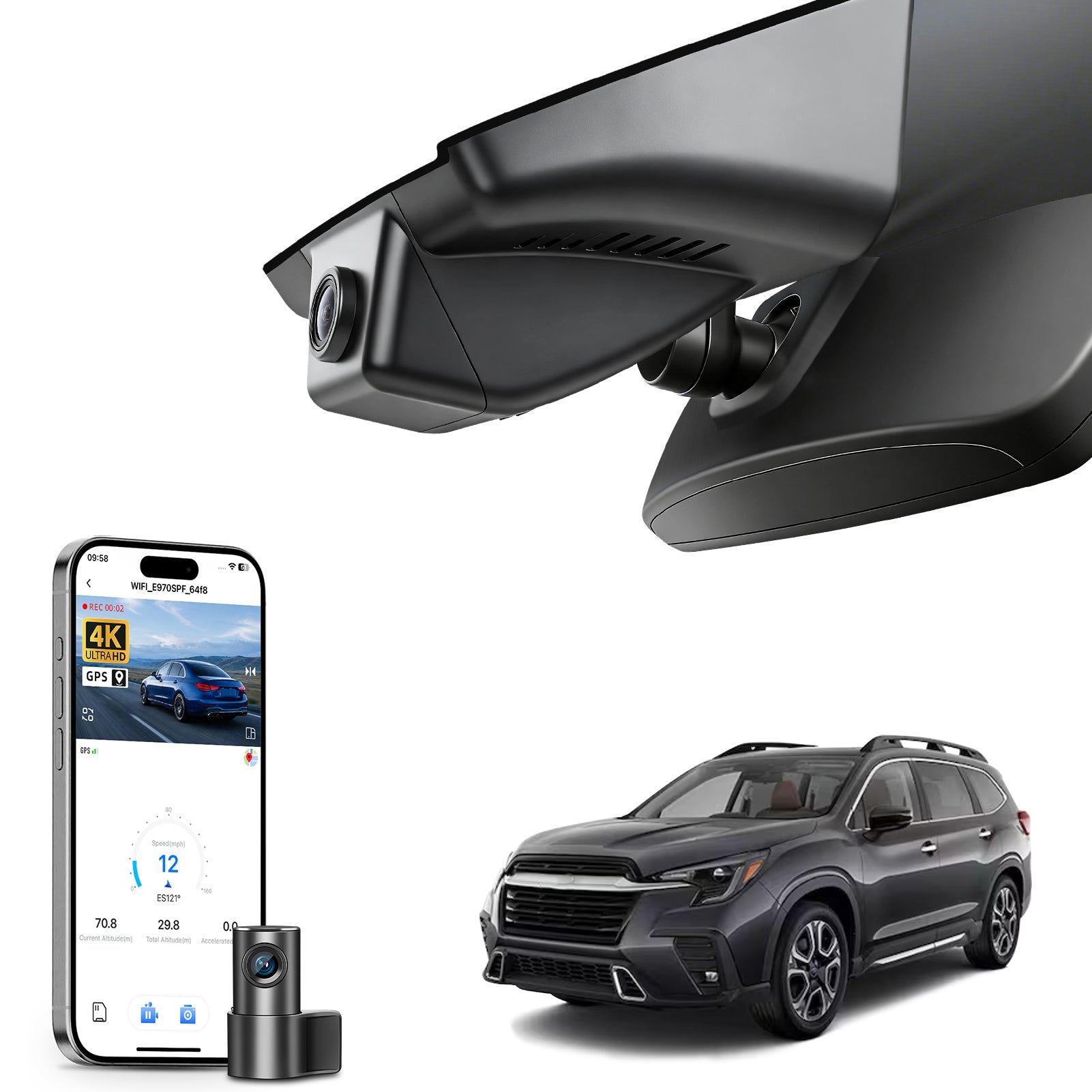 2 channel dash cam with dual STARVIS 2, features smartphone app control, 4K Ultra HD recording, GPS tracking, and Subaru Ascent SUV models in the background.  