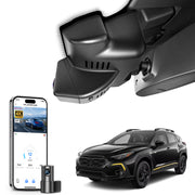 2 channel dash cam with dual STARVIS 2, features smartphone app control, 4K Ultra HD recording, GPS tracking, and Subaru Crosstrek SUV models in the background.  