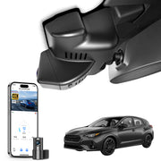 2 channel dash cam with dual STARVIS 2, features smartphone app control, 4K Ultra HD recording, GPS tracking, and Subaru Impreza Hatchback models in the background.  