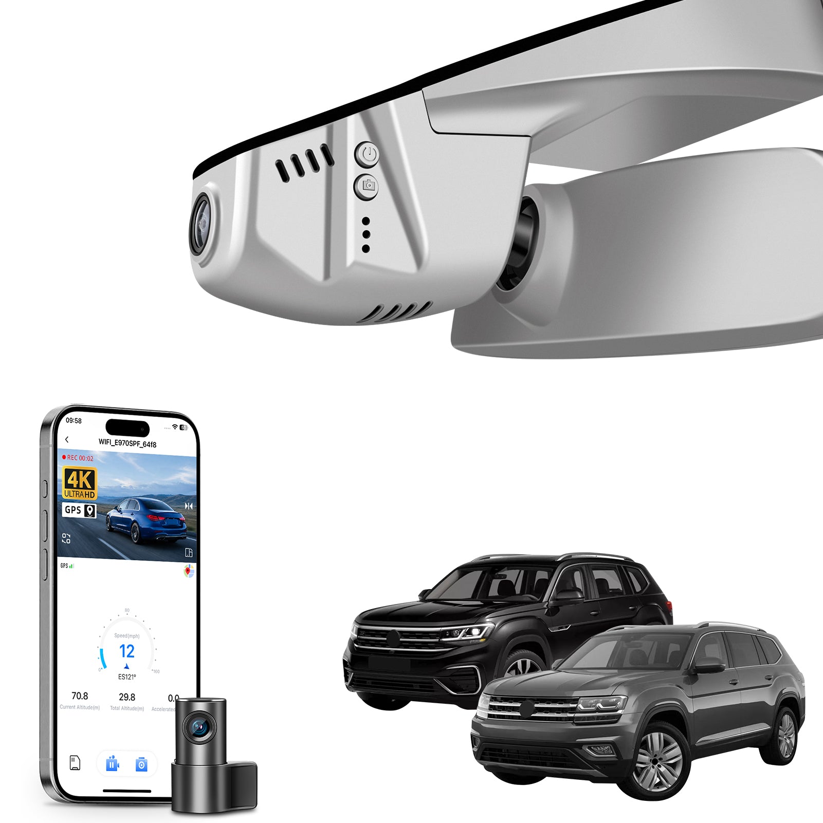 2 channel dash cam with dual STARVIS 2, features smartphone app control, 4K Ultra HD recording, GPS tracking, and Volkswagen Amarok Pickup models in the background.  
