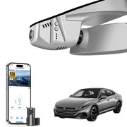 2 channel dash cam with dual STARVIS 2, features smartphone app control, 4K Ultra HD recording, GPS tracking, and Volkswagen Arteon Coupe models in the background.  