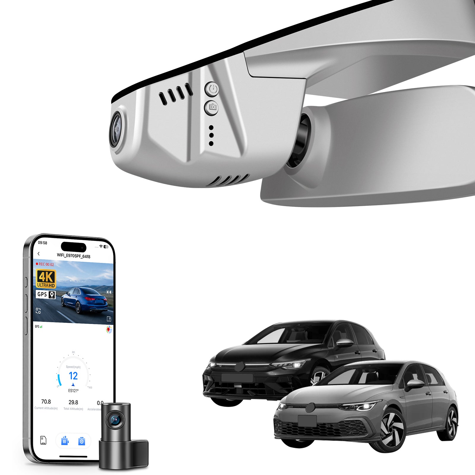 Mangoal Front 4K & Rear 2K HDR Dash Cam, Dual STARVIS 2, for Volkswagen Golf & Golf GTI & Golf R MK 7/7.5/8 2015-2025 (Model B Gray)