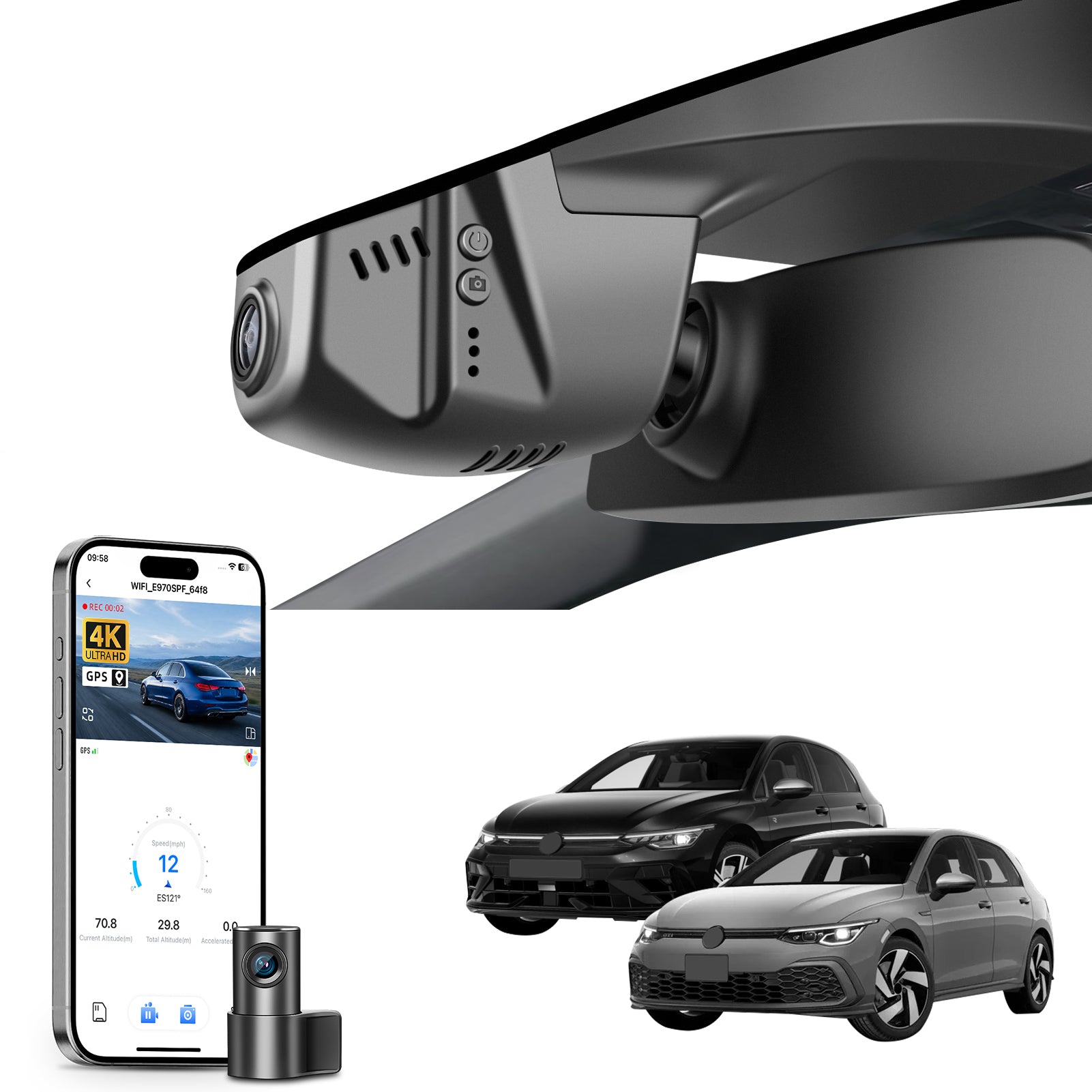2 channel dash cam with dual STARVIS 2, features smartphone app control, 4K Ultra HD recording, GPS tracking, and Volkswagen Golf Hatchback models in the background.  