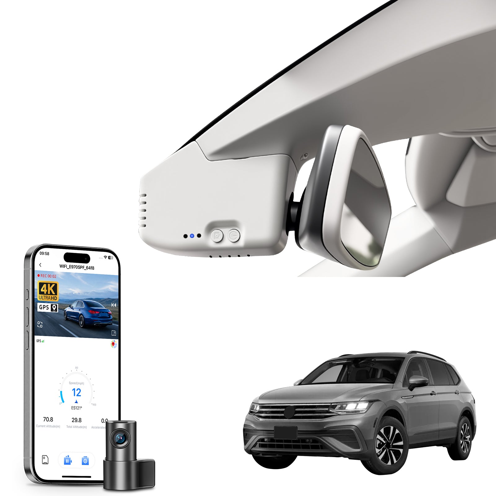 2 channel dash cam with dual STARVIS 2, features smartphone app control, 4K Ultra HD recording, GPS tracking, and Volkswagen Tiguan SUV models in the background.  