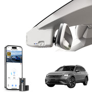 2 channel dash cam with dual STARVIS 2, features smartphone app control, 4K Ultra HD recording, GPS tracking, and Volkswagen Tiguan SUV models in the background.  