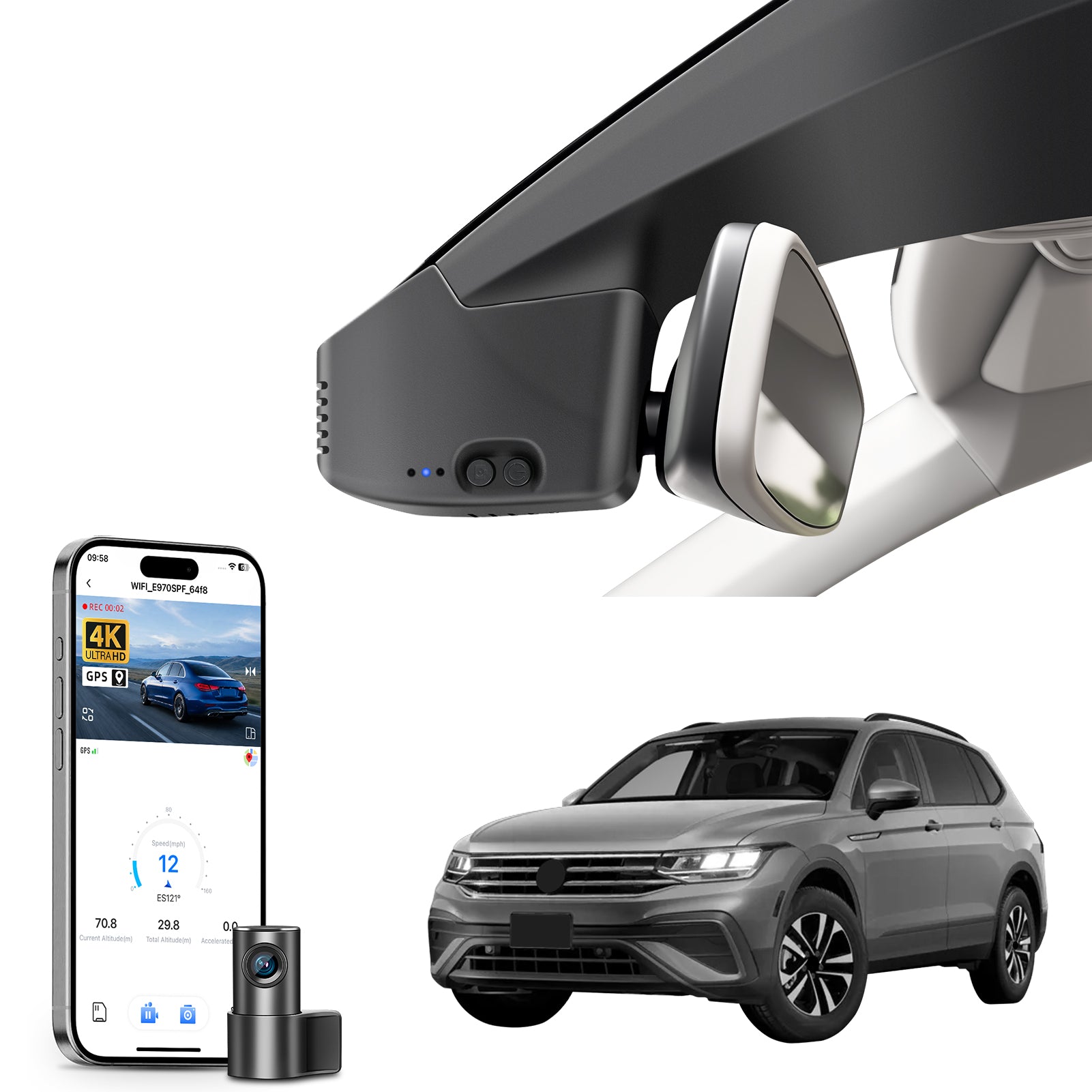 2 channel dash cam with dual STARVIS 2, features smartphone app control, 4K Ultra HD recording, GPS tracking, and Volkswagen Tiguan SUV models in the background.  