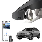 2 channel dash cam with dual STARVIS 2, features smartphone app control, 4K Ultra HD recording, GPS tracking, and Volkswagen Tiguan SUV models in the background.  