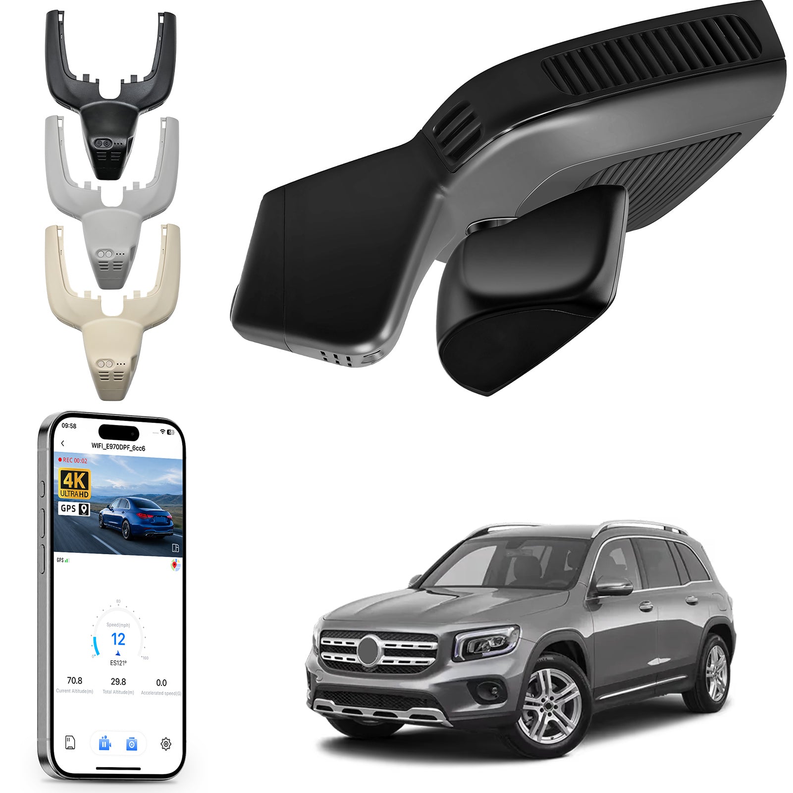 Car rearview mirror built-in dash cam with smartphone app control, 4K Ultra HD recording, GPS tracking, and Benz GLE & GLS models in the background.