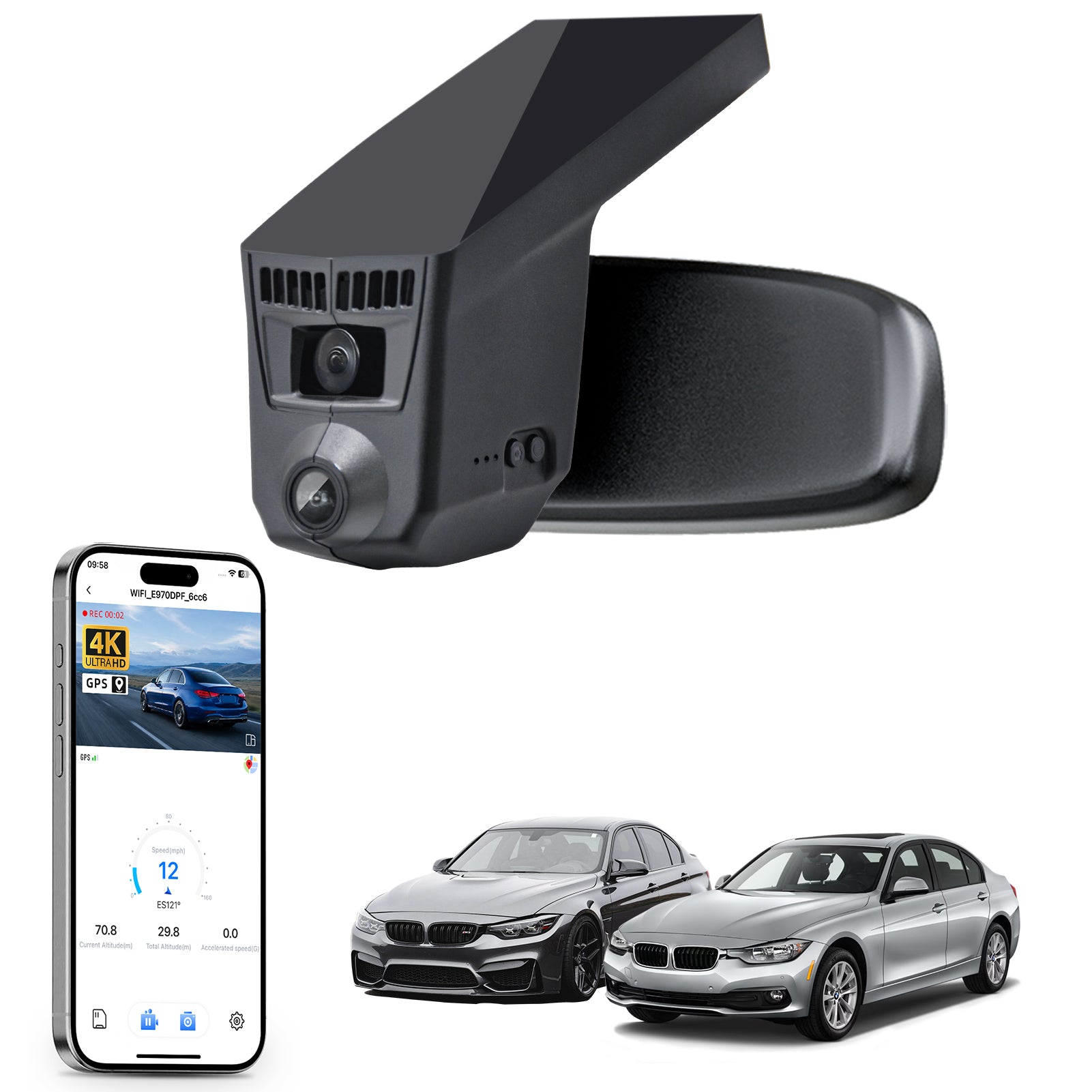 Car rearview mirror built-in dash cam with smartphone app control, 4K Ultra HD recording, GPS tracking, and BMW 3 Series Gen6 models in the background.