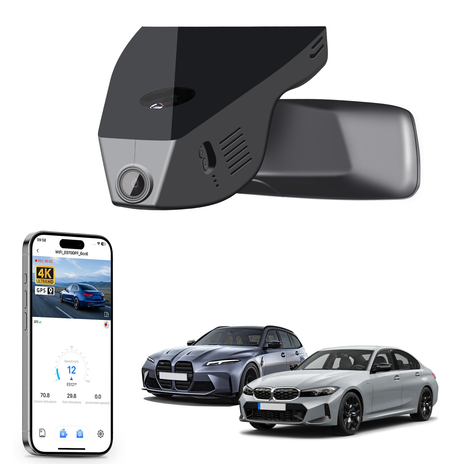 Car rearview mirror built-in dash cam with smartphone app control, 4K Ultra HD recording, GPS tracking, and BMW 3 Series Gen7 models in the background.
