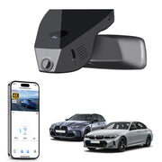 Car rearview mirror built-in dash cam with smartphone app control, 4K Ultra HD recording, GPS tracking, and BMW 3 Series Gen7 models in the background.
