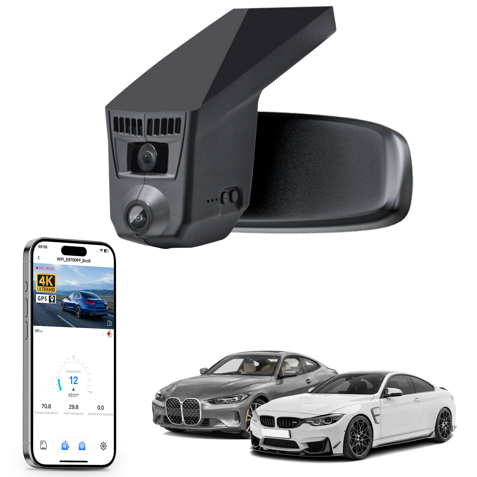 Car rearview mirror built-in dash cam with smartphone app control, 4K Ultra HD recording, GPS tracking, and BMW 4 Series Gen1 models in the background.