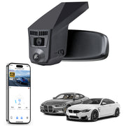 Car rearview mirror built-in dash cam with smartphone app control, 4K Ultra HD recording, GPS tracking, and BMW 4 Series Gen1 models in the background.