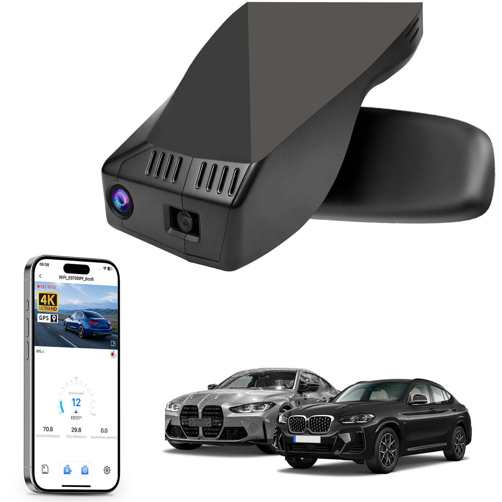 Car rearview mirror built-in dash cam with smartphone app control, 4K Ultra HD recording, GPS tracking, and BMW 4 Series Gen2 models in the background.