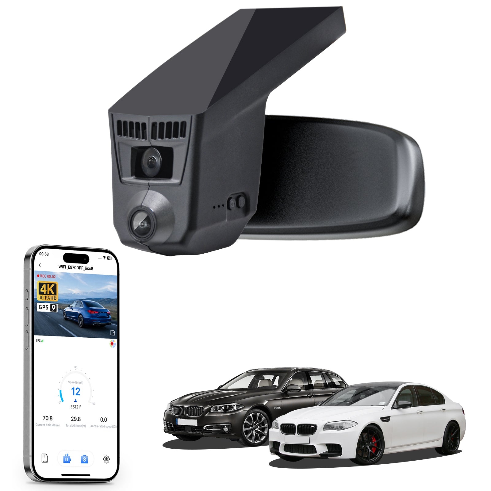 Car rearview mirror built-in dash cam with smartphone app control, 4K Ultra HD recording, GPS tracking, and BMW 5 Series Gen6 models in the background.