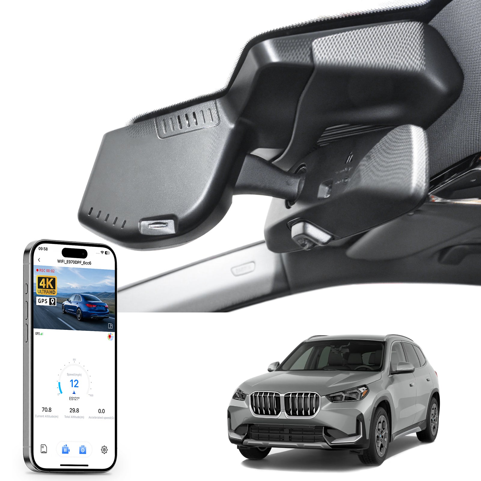 Car rearview mirror built-in dash cam with smartphone app control, 4K Ultra HD recording, GPS tracking, and BMW X1 Gen3 SUV models in the background.