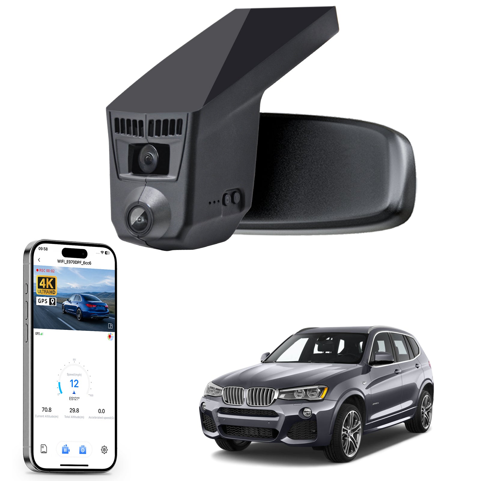 Car rearview mirror built-in dash cam with smartphone app control, 4K Ultra HD recording, GPS tracking, and BMW X3 Gen2 SUV models in the background.