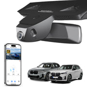 Car rearview mirror built-in dash cam with smartphone app control, 4K Ultra HD recording, GPS tracking, and BMW X3 Gen3 SUV models in the background.
