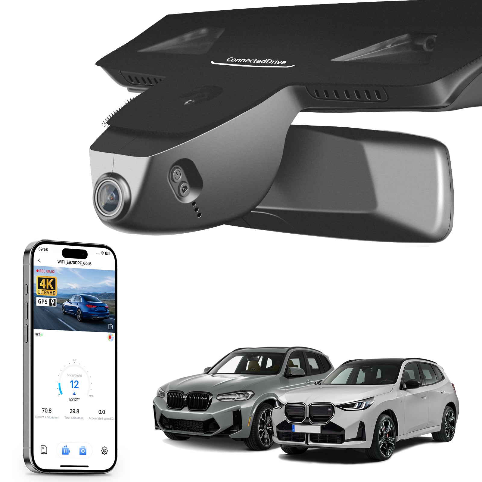 Car rearview mirror built-in dash cam with smartphone app control, 4K Ultra HD recording, GPS tracking, and BMW X3 Gen3 SUV models in the background.