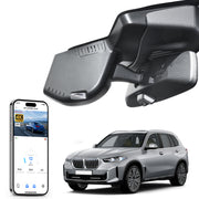 Car rearview mirror built-in dash cam with smartphone app control, 4K Ultra HD recording, GPS tracking, and BMW X5 Gen4 SUV models in the background.