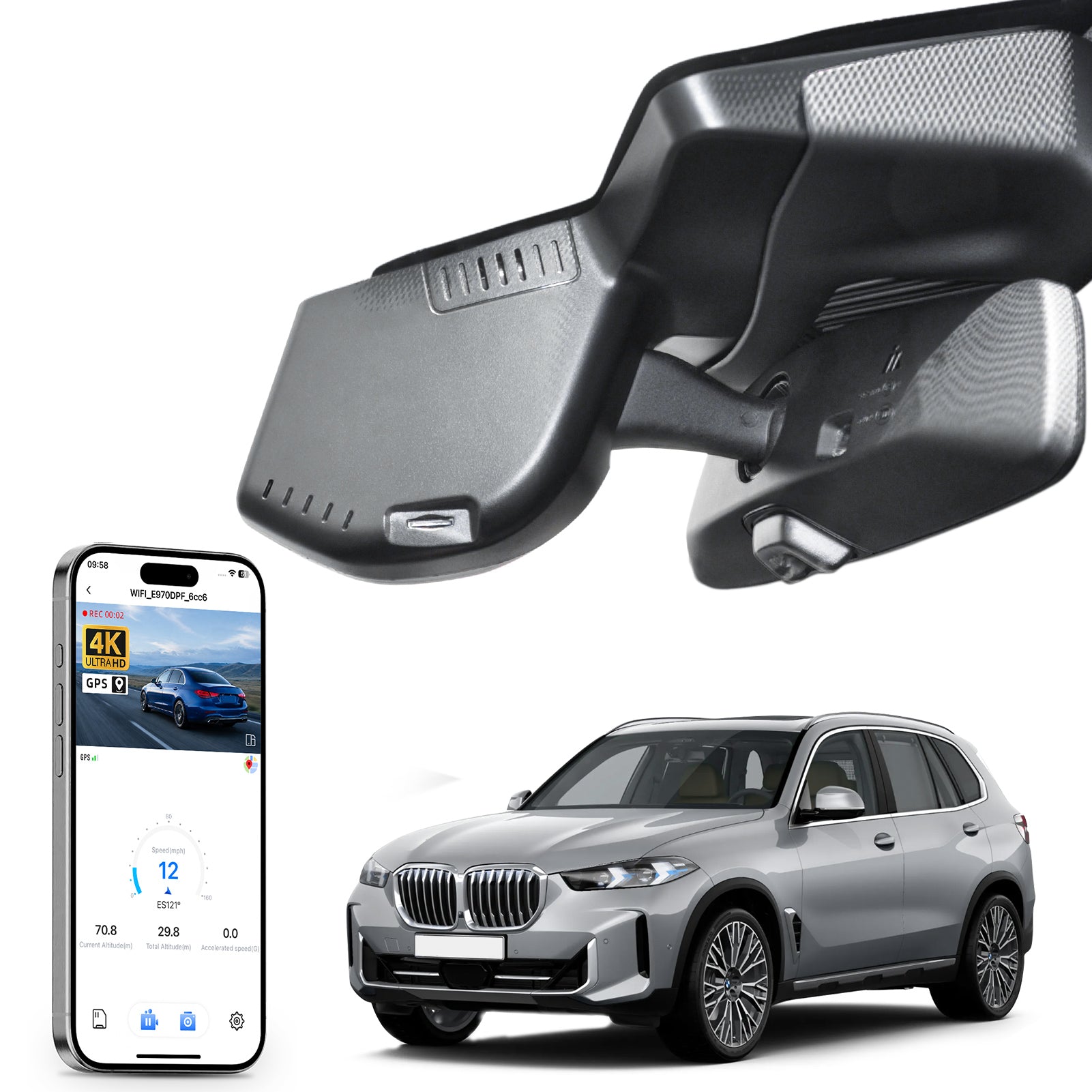 Car rearview mirror built-in dash cam with smartphone app control, 4K Ultra HD recording, GPS tracking, and BMW X5 Gen4 SUV models in the background.