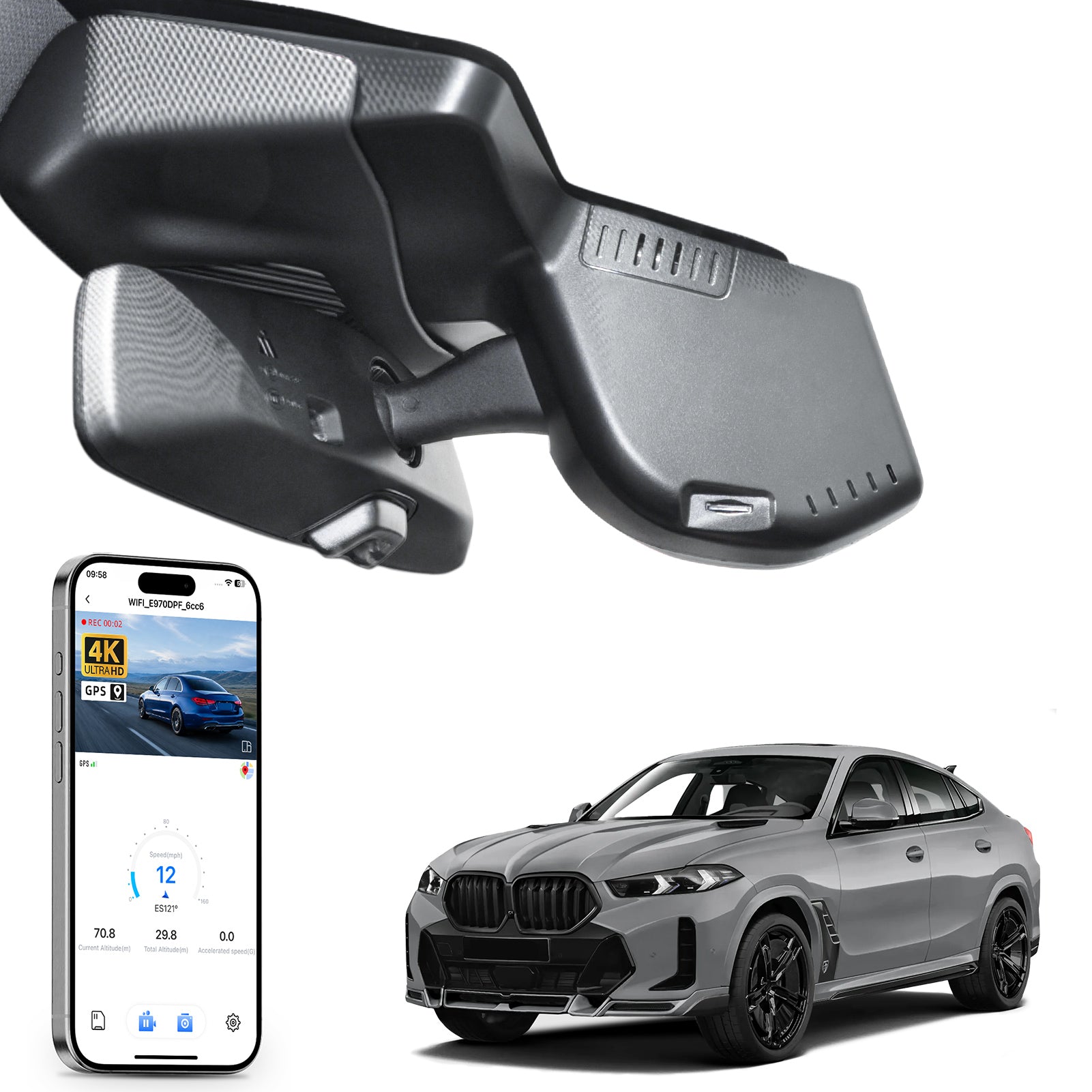 Car rearview mirror built-in dash cam with smartphone app control, 4K Ultra HD recording, GPS tracking, and BMW X6 Gen3 SUV models in the background.