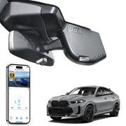 Car rearview mirror built-in dash cam with smartphone app control, 4K Ultra HD recording, GPS tracking, and BMW X6 Gen3 SUV models in the background.