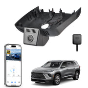 Car rearview mirror built-in dash cam with smartphone app control, 4K Ultra HD recording, GPS tracking, and Buick Enclave SUV models in the background.