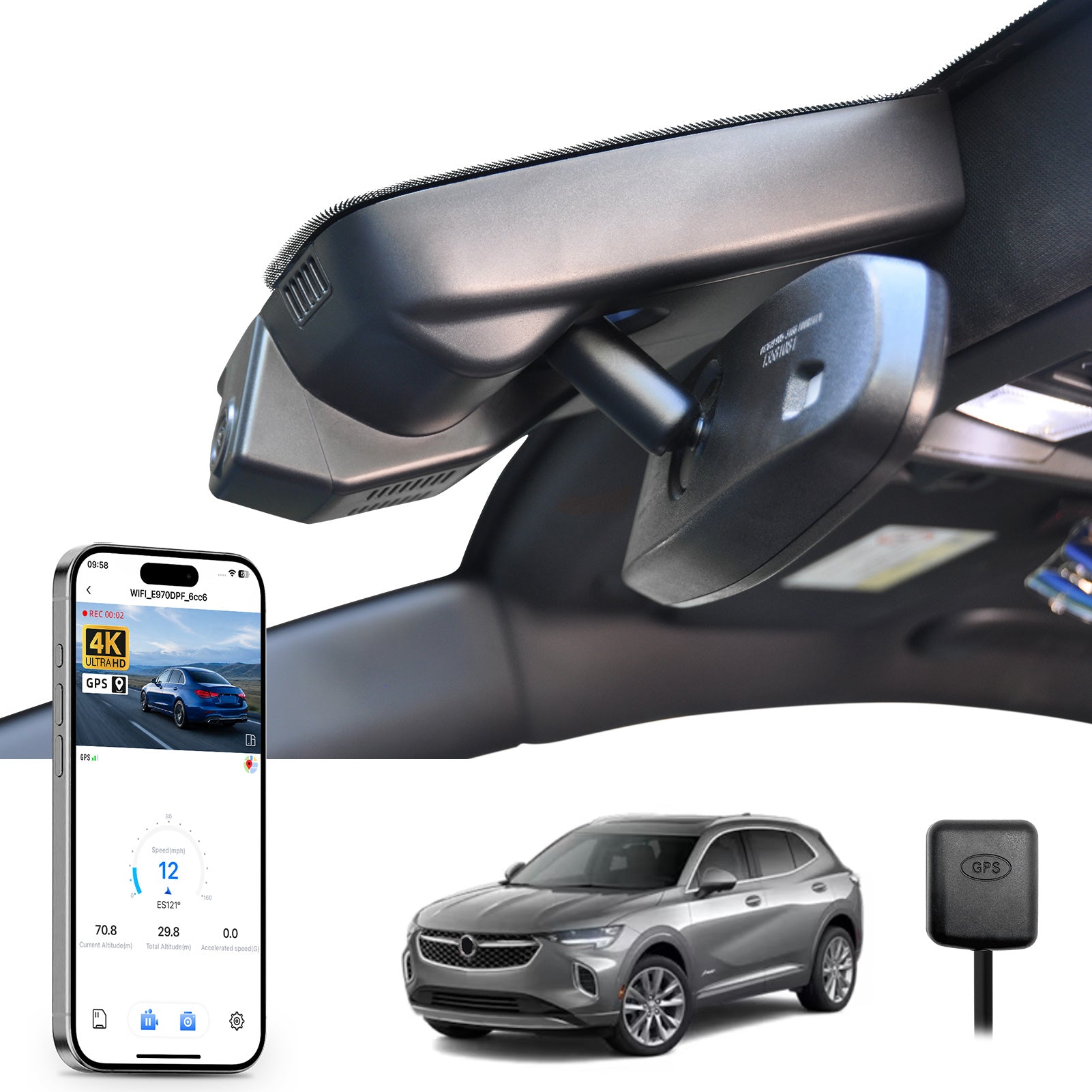 Car rearview mirror built-in dash cam with smartphone app control, 4K Ultra HD recording, GPS tracking, and Buick Envision car models in the background.