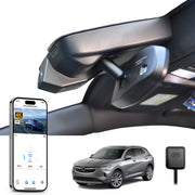 Car rearview mirror built-in dash cam with smartphone app control, 4K Ultra HD recording, GPS tracking, and Buick Envision car models in the background.