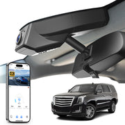 Car rearview mirror built-in dash cam with smartphone app control, 4K Ultra HD recording, GPS tracking, and Cadillac EScalade ESV SUV models in the background.