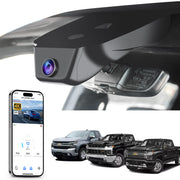 Car backup camera with smartphone displaying app interface, 4K Ultra HD recording, GPS tracking and three Chevy Silverado trucks models in the background.