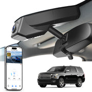 Car rearview mirror built-in dash cam with smartphone app control, 4K Ultra HD recording, GPS tracking, and Chevy Suburban Tahoe SUV models in the background.
