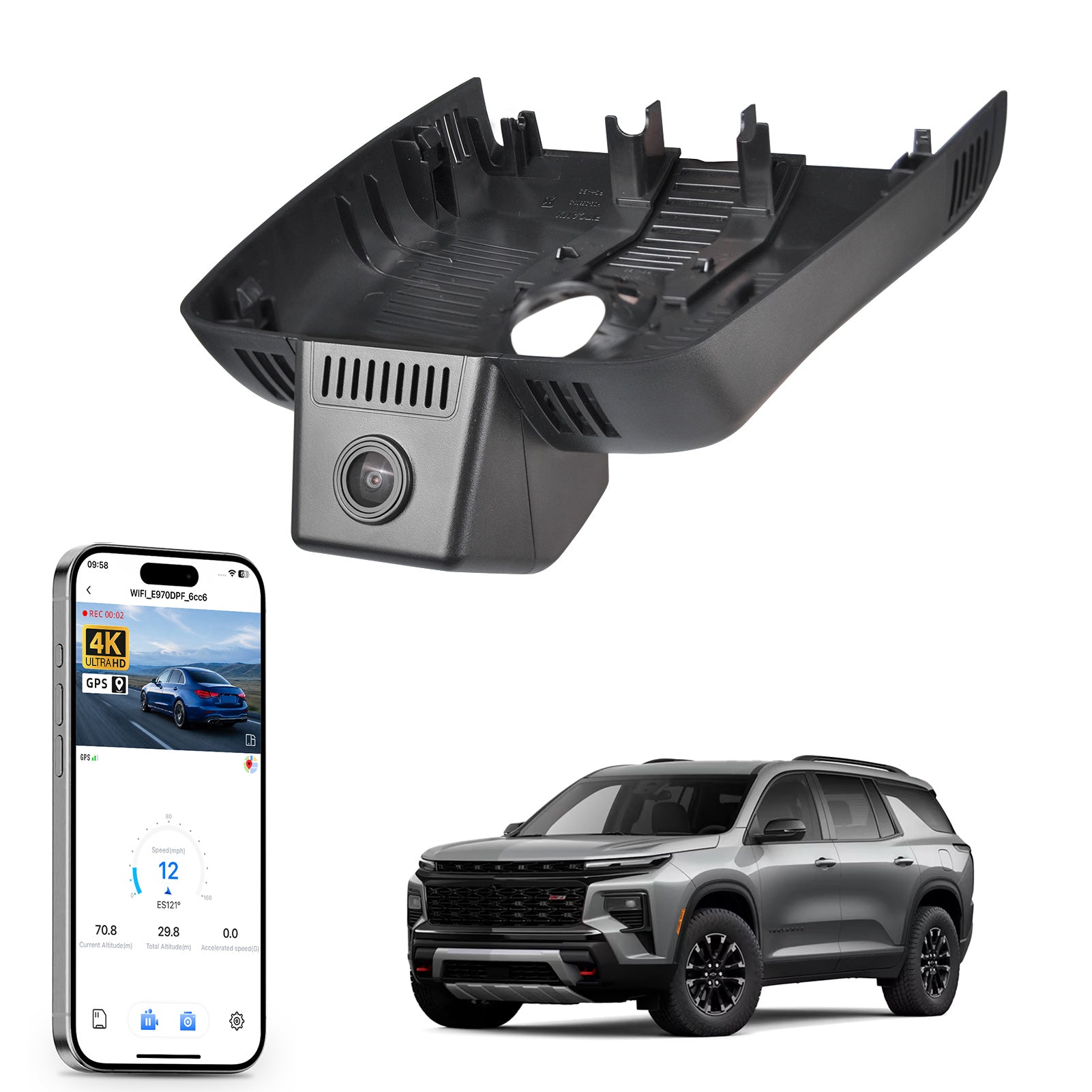 Car rearview mirror built-in dash cam with smartphone app control, 4K Ultra HD recording, GPS tracking, and Chevy Traverse SUV models in the background.