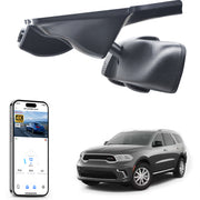 Car rearview mirror dash cam with smartphone app control, 4K Ultra HD recording, GPS tracking, and Dodge Durango SUV models in the background.