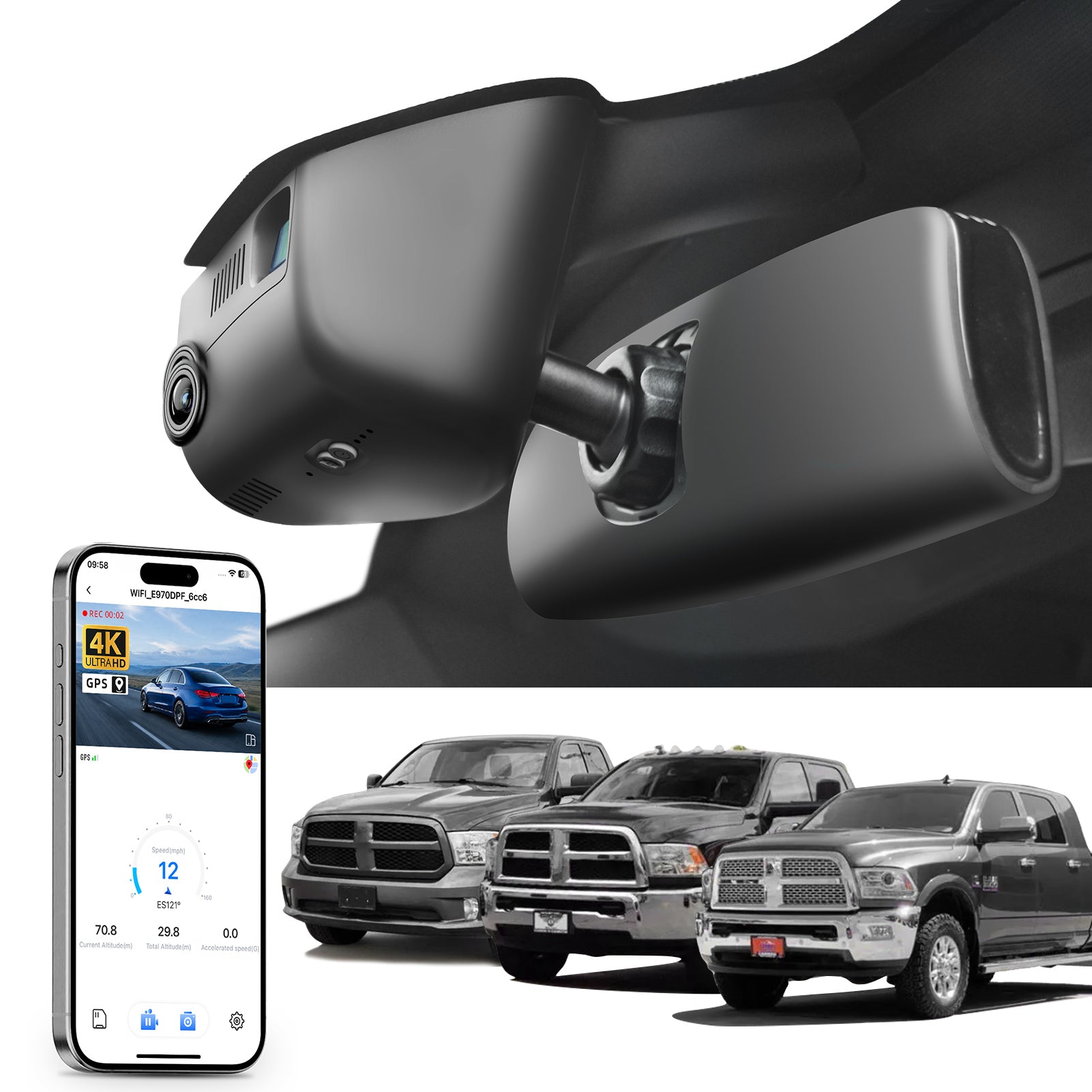 Car rearview mirror built-in dash cam with smartphone app control, 4K Ultra HD recording, GPS tracking, and Dodge RAM Gen4 Pickup models in the background.