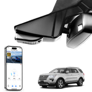 Car rearview mirror dash cam with smartphone app control, 4K Ultra HD recording, GPS tracking, and Ford Explorer SUV models in the background.