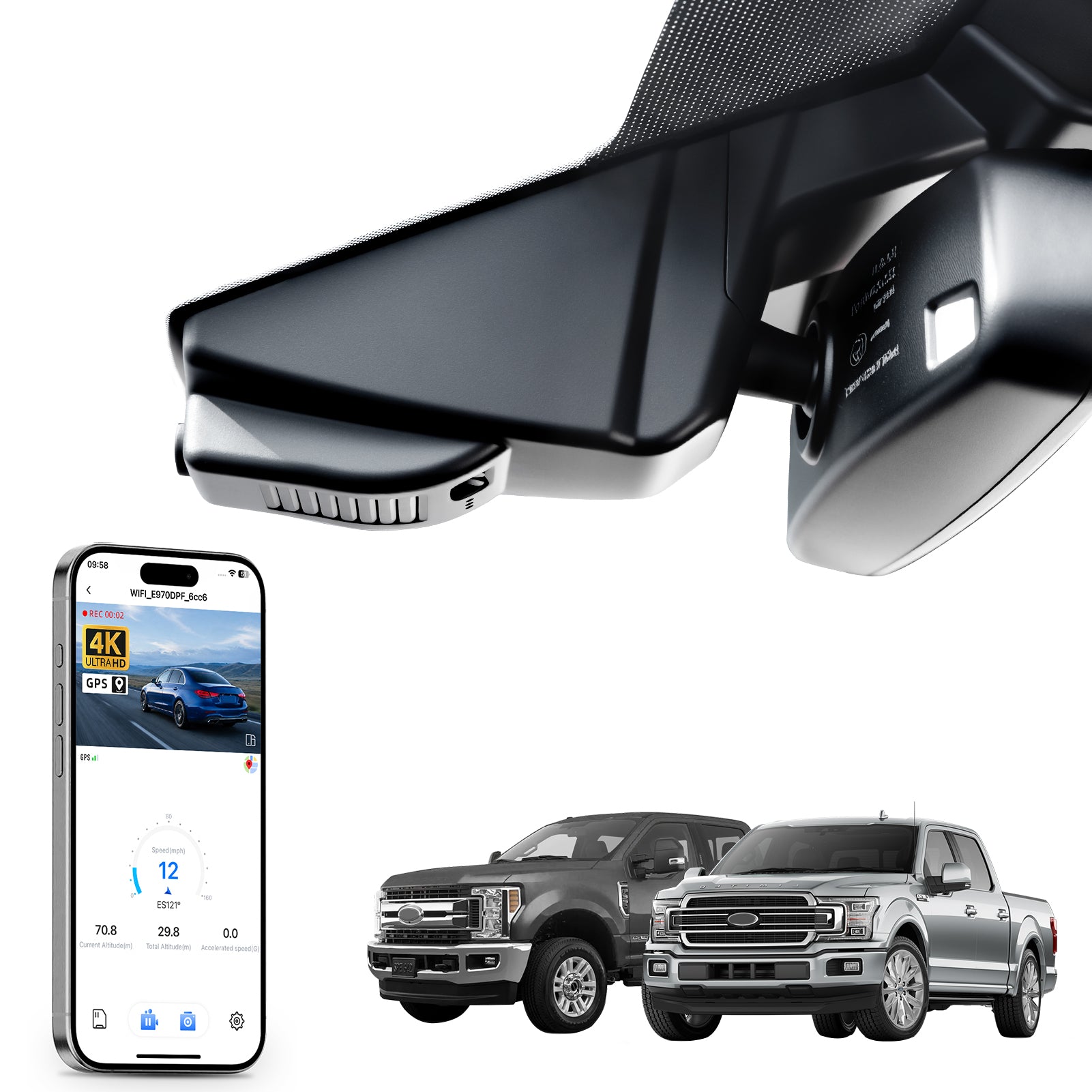 Car rearview mirror with smartphone app control, 4K Ultra HD recording, GPS tracking, and Ford F-series truck models in the background.