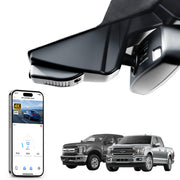 Car rearview mirror with smartphone app control, 4K Ultra HD recording, GPS tracking, and Ford F-series truck models in the background.