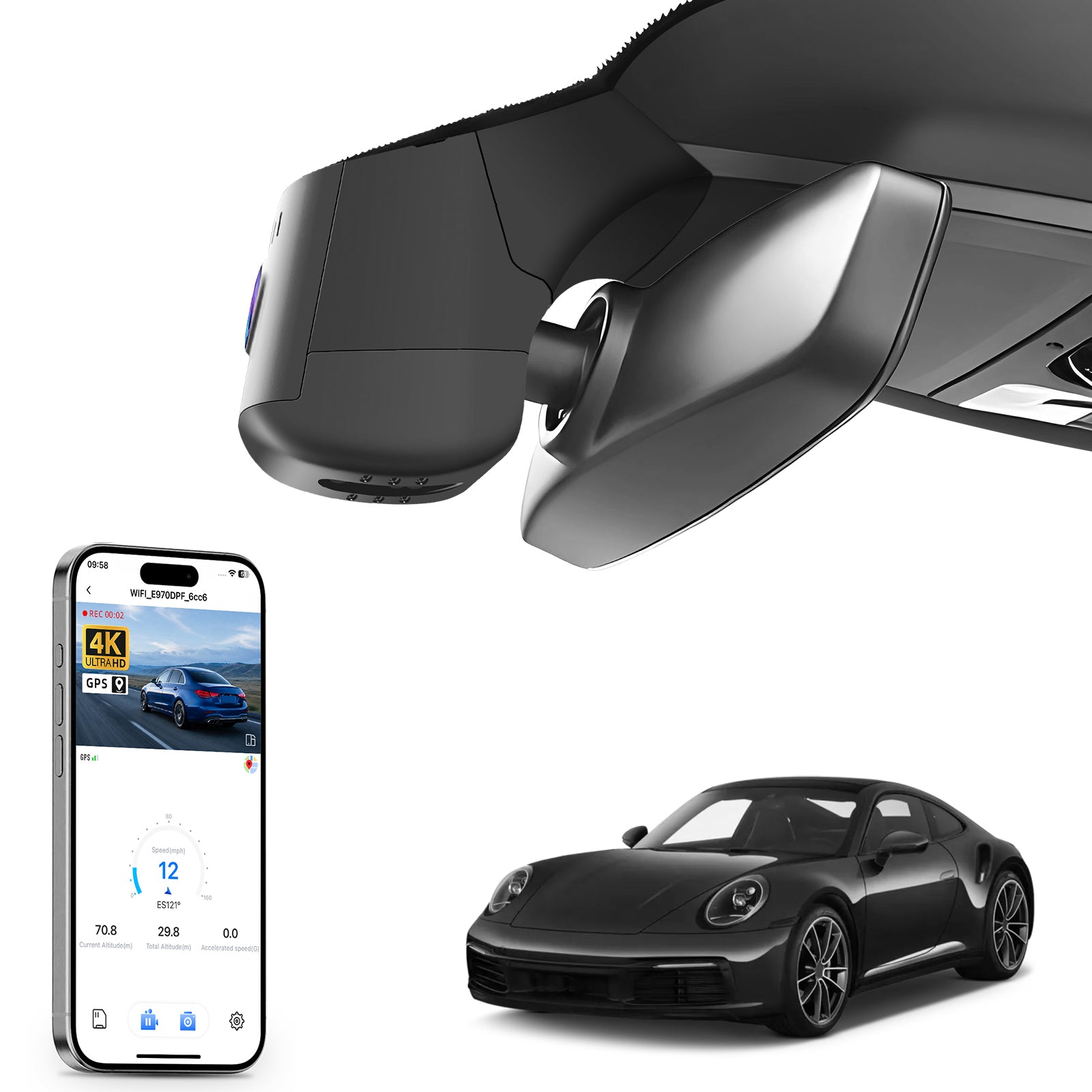 Car rearview mirror built-in dash cam with smartphone app control, 4K Ultra HD recording, GPS tracking, and Porsche 911 Sports Car models in the background.