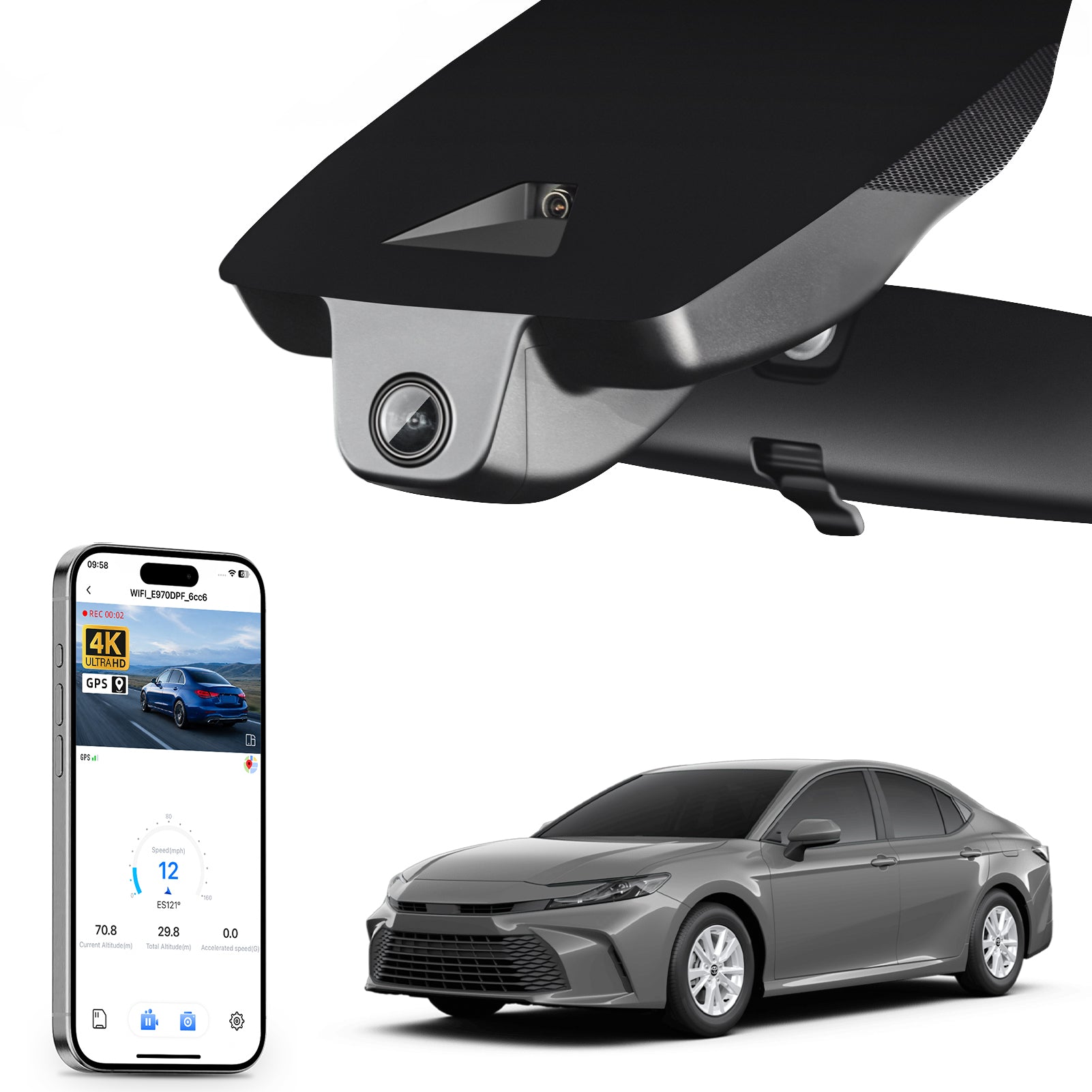 Car rearview mirror built-in dash cam with smartphone app control, 4K Ultra HD recording, GPS tracking, and Toyota Camry Sedan models in the background.