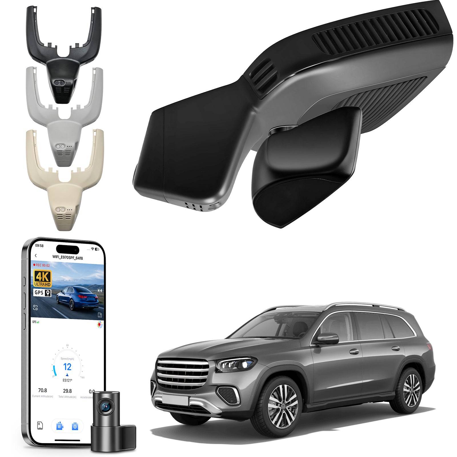 2 channel dash cam with dual STARVIS 2, features smartphone app control, 4K Ultra HD recording, GPS tracking, and Benz GLE & GLS models in the background. 