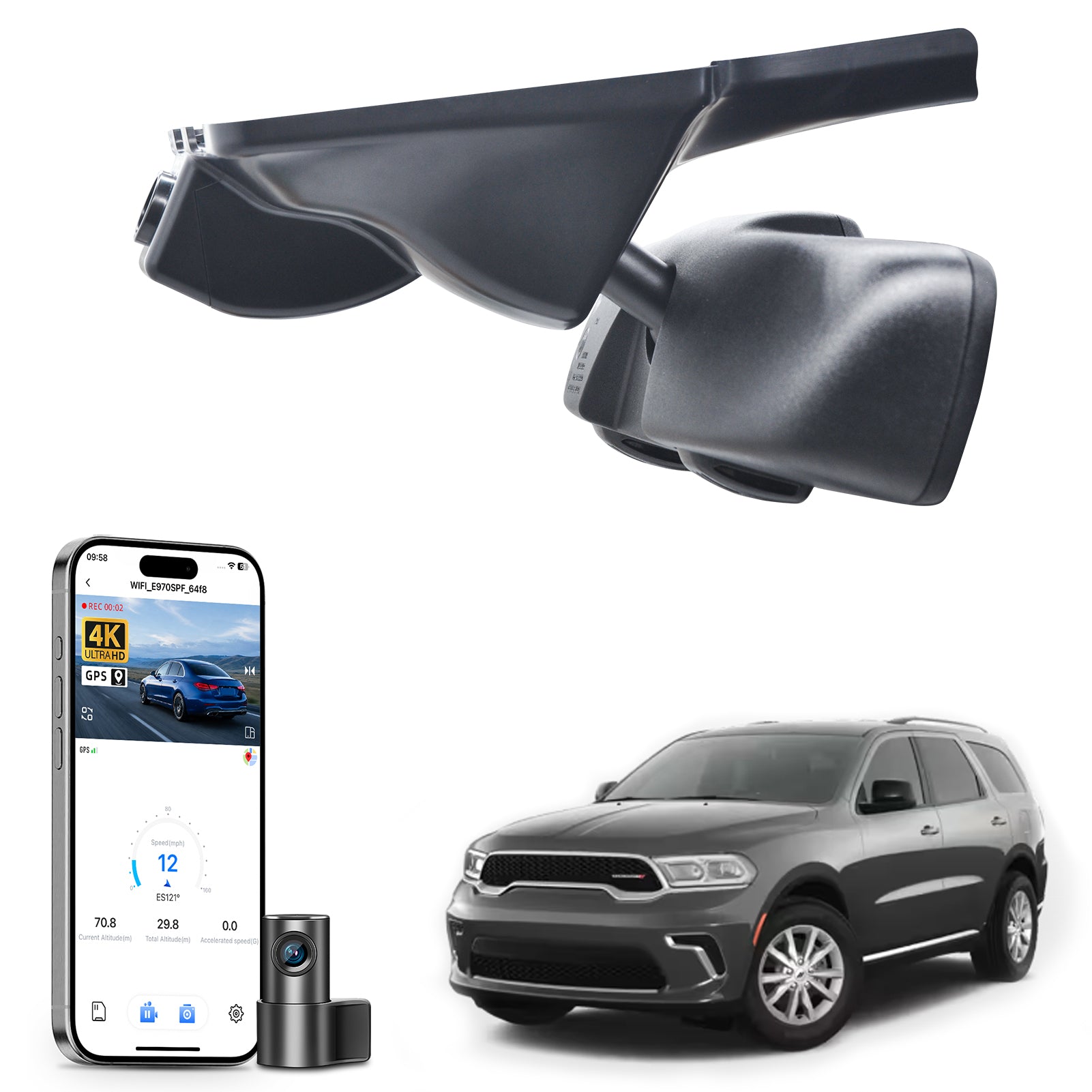 Car dashboard camera, smartphone app control, 4K Ultra HD recording, GPS tracking, and Dodge Durango SUV models in the background.and SUV on a white background